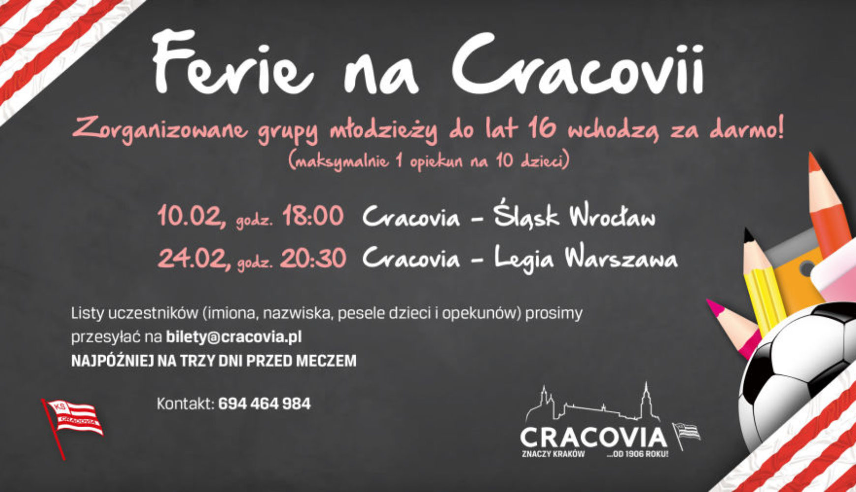 Cracovia zaprasza dzieci i młodzież na najbliższe mecze